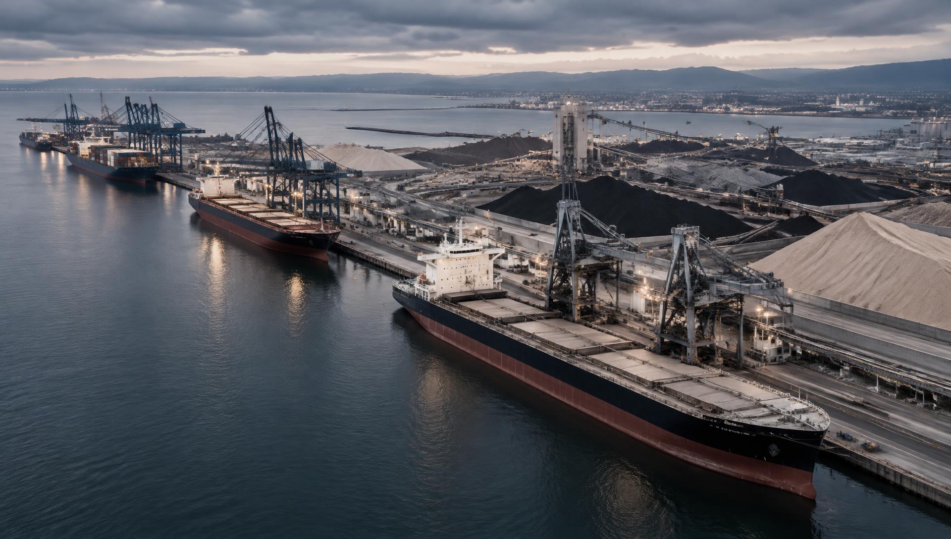 Breed zicht op een internationale bulkterminal met zeeschepen in een haven
