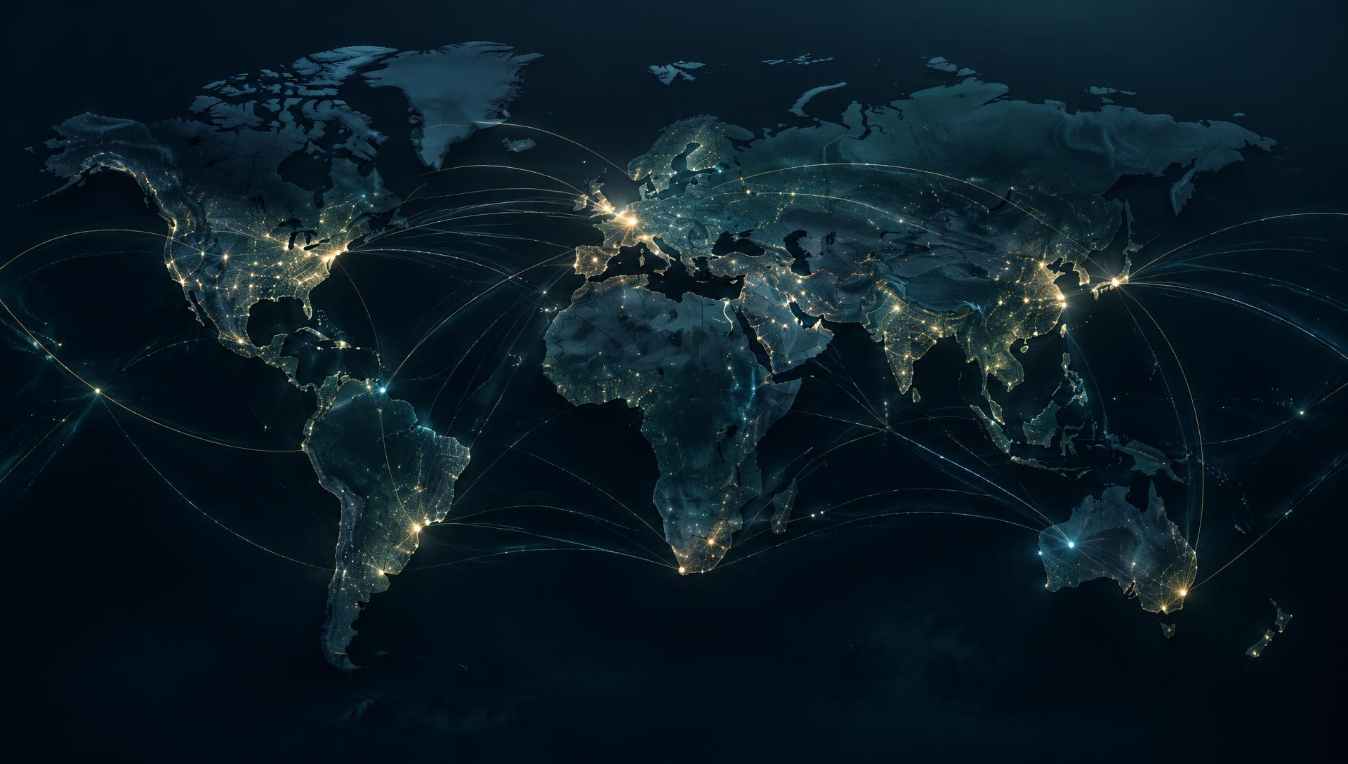 Abstracte weergave van internationale handelsroutes op een wereldkaart